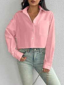 SHEIN 女式纯色落肩长袖单排扣休闲口袋衬衫 - 粉色 - 查看 7