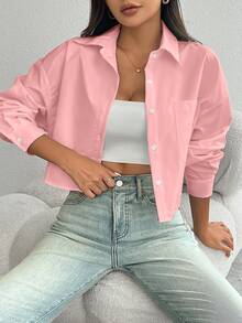 SHEIN 女式纯色落肩长袖单排扣休闲口袋衬衫 - 粉色 - 查看 10