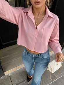 SHEIN 女式纯色落肩长袖单排扣休闲口袋衬衫 - 粉色 - 查看 3