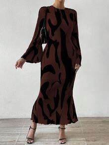 SHEIN LUNE 女式全印花喇叭袖长裙女装秋季服装 - 彩色 - 查看 1