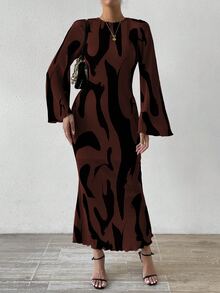 SHEIN LUNE 女式全印花喇叭袖长裙女装秋季服装 - 彩色 - 查看 7