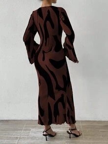 SHEIN LUNE 女式全印花喇叭袖长裙女装秋季服装 - 彩色 - 查看 2