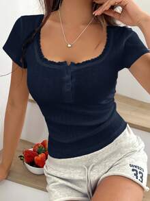SHEIN 甜美蕾丝边短袖 T 恤女装夏季新款修身款 3 纽扣前半袖上衣 - 寶藍色 - 查看 6
