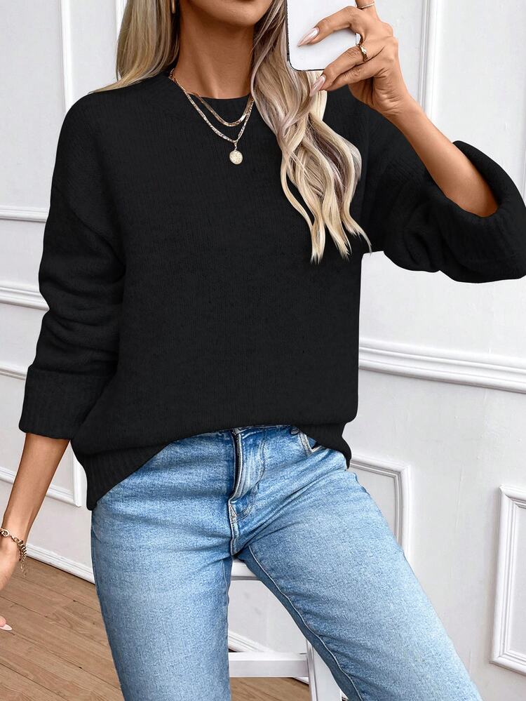 SHEIN Solid Color Long Sleeve Sweater,Long Sleeve Tops Knit Pullover Fall Winter Sweater - Black - View 7