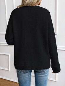 SHEIN 纯色长袖毛衣，长袖针织套头衫，秋冬毛衣 - 黑色 - 查看 2