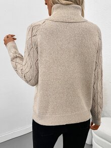 SHEIN 女士秋冬新款高领提花钩针图案插肩袖休闲套头毛衣，针织套头衫 - 杏色 - 查看 2