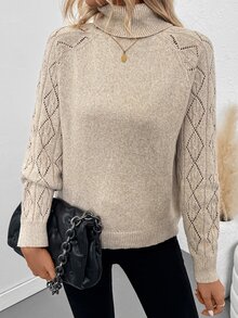 SHEIN 女士秋冬新款高领提花钩针图案插肩袖休闲套头毛衣，针织套头衫 - 杏色 - 查看 6