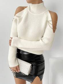 SHEIN Casual High Neck Exposed Shoulder Chain Decor Sweater, Spring & Fall, Knit Pullover Fall Winter - Beige - View 8