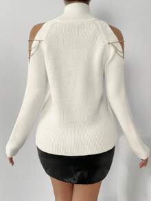 SHEIN Casual High Neck Exposed Shoulder Chain Decor Sweater, Spring & Fall, Knit Pullover Fall Winter - Beige - View 2