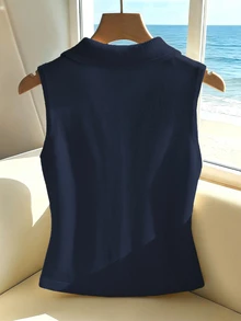 SHEIN 新款通勤優雅時尚設計翻領無袖針織上衣，夏季度假風，法式優雅修身無袖上衣，適合夏季度假穿著 - 藍色 - 查看 2