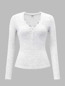 SHEIN ChicEase 女装休闲针织V领蕾丝拼布纽扣装饰长袖秋冬上衣白色纽扣上衣女白色针织上衣白色蕾丝边上衣长袖V领上衣 - 白色 - 查看 9