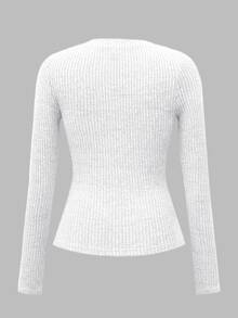 SHEIN ChicEase 女装休闲针织V领蕾丝拼布纽扣装饰长袖秋冬上衣白色纽扣上衣女白色针织上衣白色蕾丝边上衣长袖V领上衣 - 白色 - 查看 10