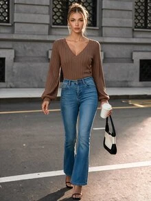 SHEIN 女式纹理V领灯笼袖修身时尚T恤 - 棕色 - 查看 2