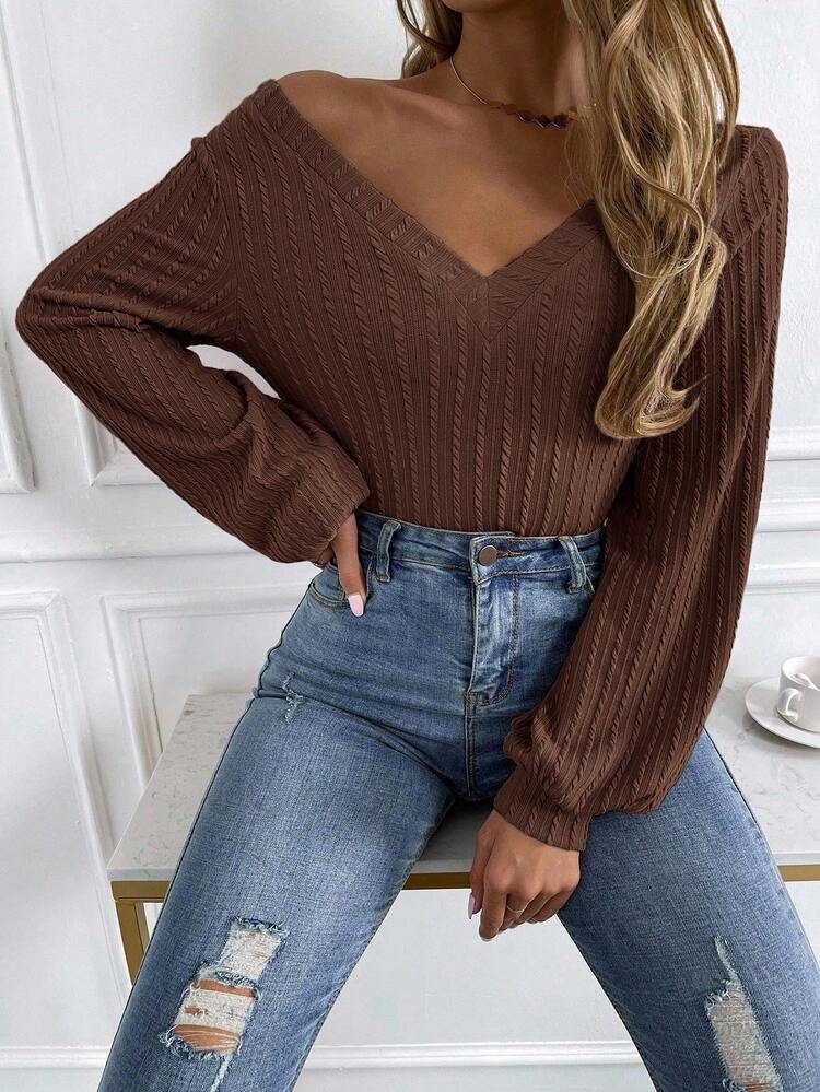 SHEIN Kaos Fashion Wanita Bertekstur Leher V Lengan Lentera Pas Badan - Coklat - View 9