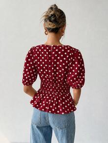 Ritzy Row 女款春夏時尚舒適休閒通勤圓領波點印花優雅收腰花瓣袖襯衫 - 紅色 - 查看 5