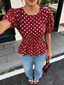Ritzy Row 女款春夏時尚舒適休閒通勤圓領波點印花優雅收腰花瓣袖襯衫 - 紅色 - 查看 3