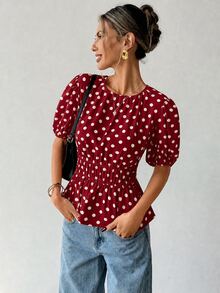 Ritzy Row 女款春夏時尚舒適休閒通勤圓領波點印花優雅收腰花瓣袖襯衫 - 紅色 - 查看 11