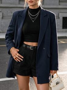 Ritzy Row Blazer casual de mujer con hombros acolchados, corte oversize, largo medio, doble botonadura, para oficina y negocios, azul marino, verano y otoño - Azul Marino - Ver 2