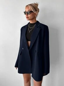 Ritzy Row Blazer casual de mujer con hombros acolchados, corte oversize, largo medio, doble botonadura, para oficina y negocios, azul marino, verano y otoño - Azul Marino - Ver 8