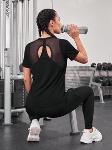 SHEIN Sports 无缝交叉后背运动背心修身衬衫健身背心健身房女式衬衫 - 黑色 - 查看 3