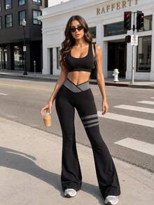 StreetHx Women's Colorblock Asymmetric Waist Flare Leggings - Black - View 1