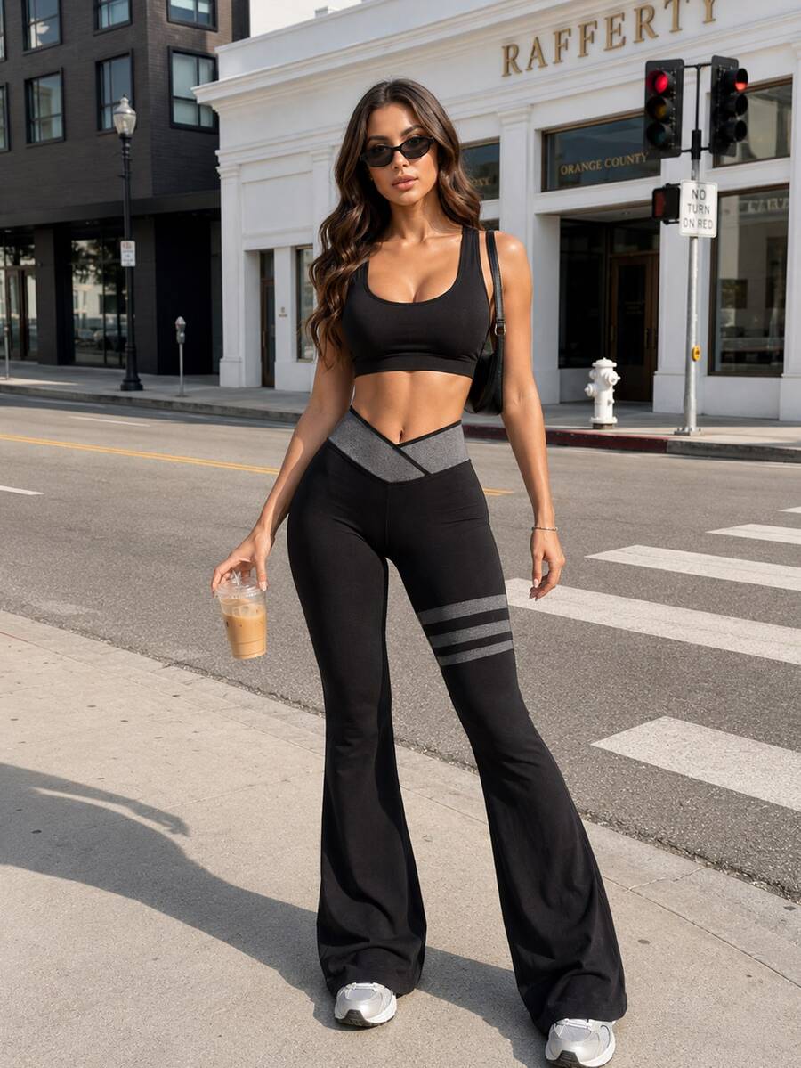 StreetHx Women's Colorblock Asymmetric Waist Flare Leggings - Black - View 1