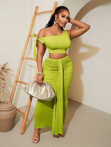BamGleam Women's Sexy Asymmetrical Shoulder Cropped Top And Skirt 2 Pieces Set, Summer Green  Shoulder Strap - Green - View 5