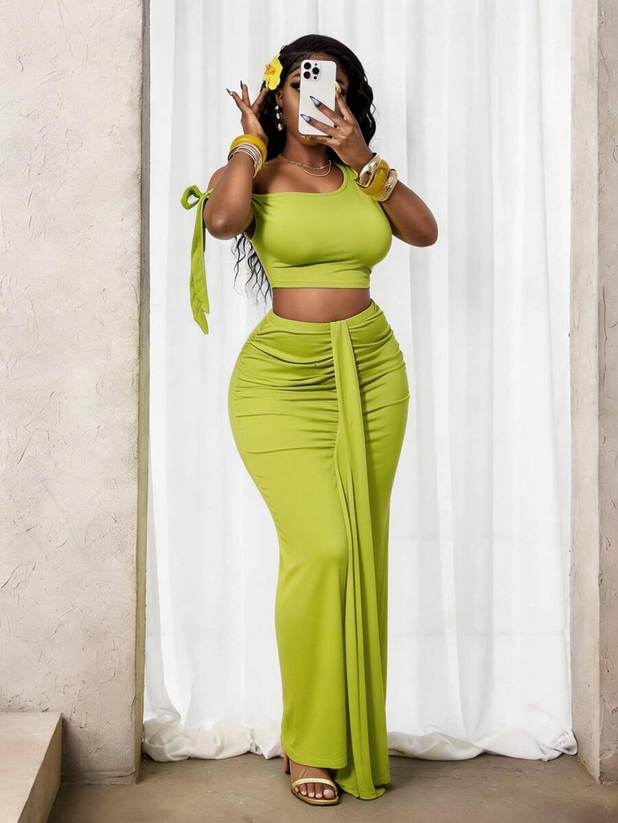 BamGleam Women's Sexy Asymmetrical Shoulder Cropped Top And Skirt 2 Pieces Set, Summer Green  Shoulder Strap