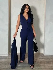 SHEIN SXY 秋冬性感通勤約會深藍色長袖西裝外套、背心與長褲三件套 - 藏蓝色 - 查看 4