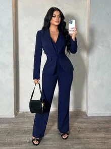 SHEIN SXY 秋冬性感通勤約會深藍色長袖西裝外套、背心與長褲三件套 - 藏蓝色 - 查看 5