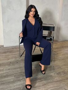 SHEIN SXY 秋冬性感通勤約會深藍色長袖西裝外套、背心與長褲三件套 - 藏蓝色 - 查看 1