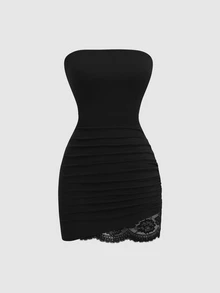 Sweetra Women's Lace Patchwork Sleeveless Strapless Short Dress - Black - View 4