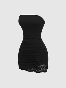 Sweetra Women's Lace Patchwork Sleeveless Strapless Short Dress - Black - View 1