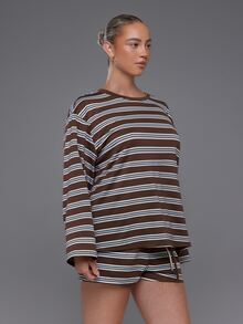 Voyena Women's Plus Size Striped Colorblock Long Sleeve Top And Shorts Casual Daily Sports Set - Coffee Brown - View 4