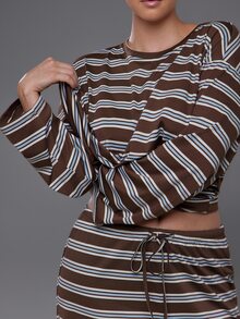 Voyena Women's Plus Size Striped Colorblock Long Sleeve Top And Shorts Casual Daily Sports Set - Coffee Brown - View 6