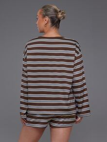 Voyena Women's Plus Size Striped Colorblock Long Sleeve Top And Shorts Casual Daily Sports Set - Coffee Brown - View 2