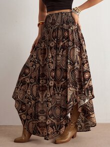 Freevana 女款大尺碼棕色佩斯利印花長裙，波希米亞風音樂節穿搭，優雅休閒春/夏季 - 棕色 - 查看 5