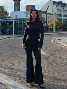 Opulessa Women's Solid Color Front Button Top And Flare Pants Fashion 2 Pieces Set - Black - View 5