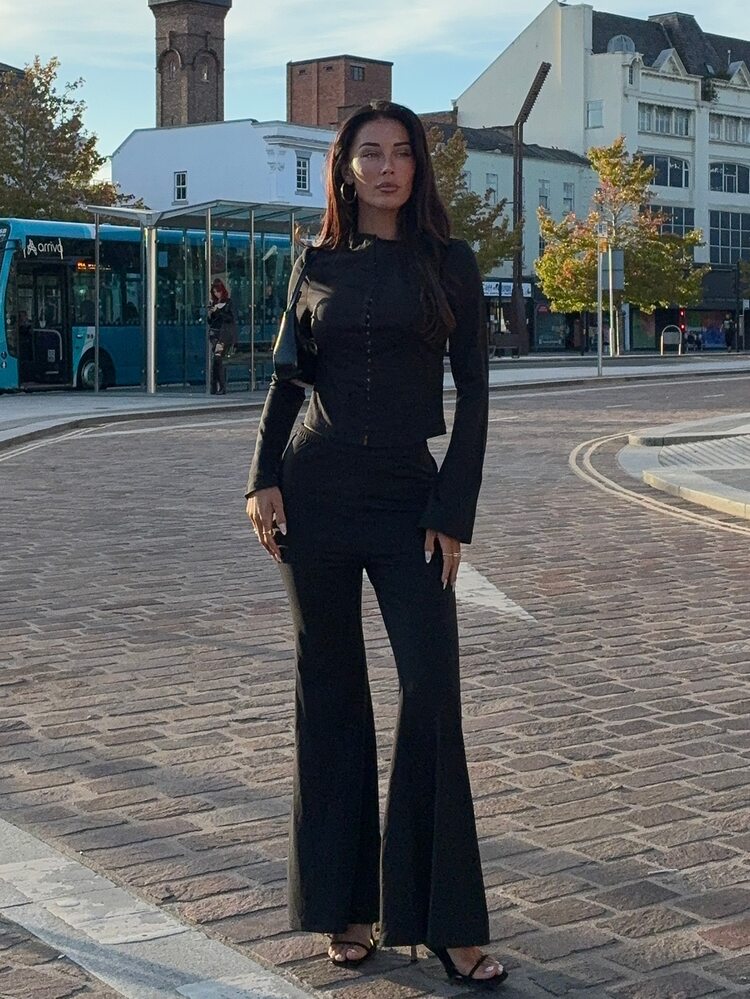 Opulessa 女款純色前開鈕扣上衣與喇叭褲時尚兩件套 - 黑色 - 查看 5