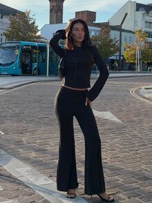 Opulessa Women's Solid Color Front Button Top And Flare Pants Fashion 2 Pieces Set - Black - View 1