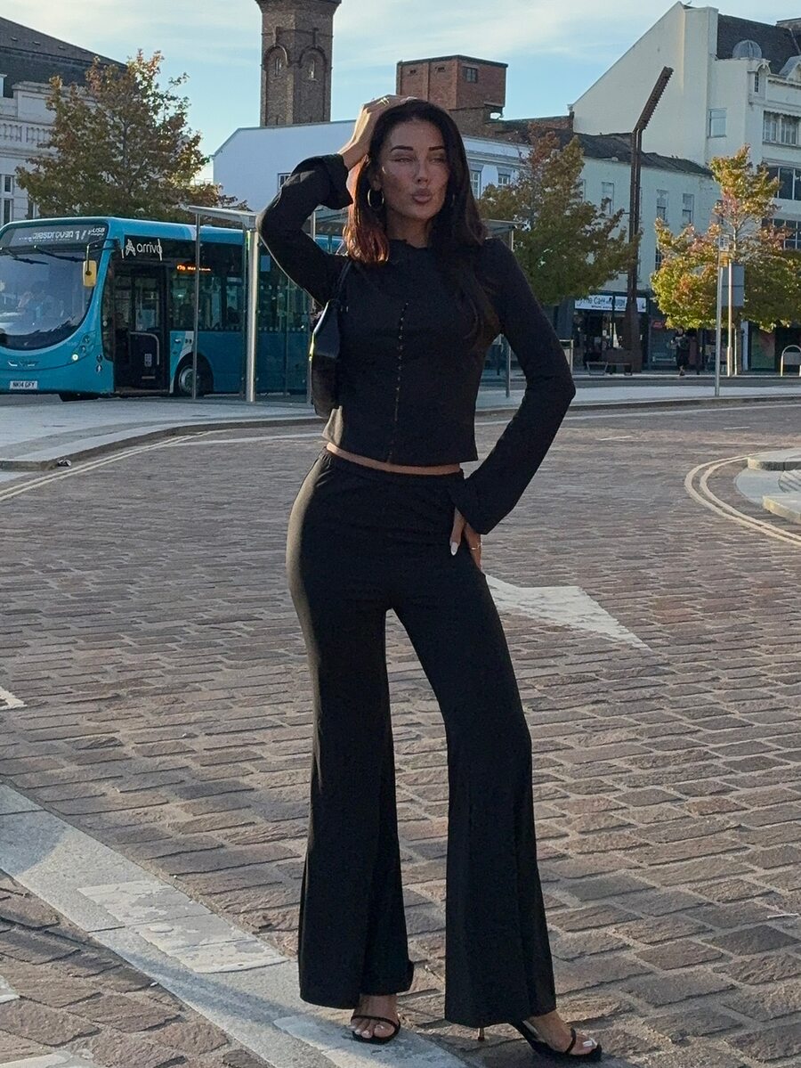 Opulessa Women's Solid Color Front Button Top And Flare Pants Fashion 2 Pieces Set - Black - View 1