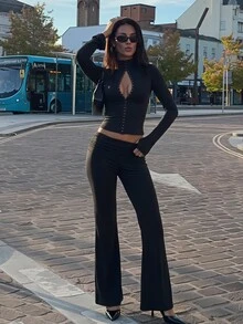 Opulessa Women's Solid Color Front Button Top And Flare Pants Fashion 2 Pieces Set - Black - View 4