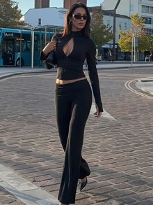 Opulessa Women's Solid Color Front Button Top And Flare Pants Fashion 2 Pieces Set - Black - View 6