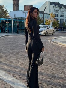 Opulessa Women's Solid Color Front Button Top And Flare Pants Fashion 2 Pieces Set - Black - View 3
