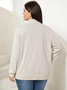 SHEIN LUNE Plus Size Autumn/Winter Casual Versatile Solid Color Cardigan - Beige - View 8