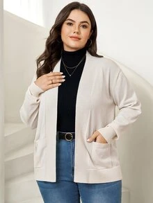 SHEIN LUNE Plus Size Autumn/Winter Casual Versatile Solid Color Cardigan - Beige - View 4