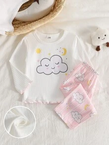 Baby Girl Round Neck Contrast Color Frill Trim Cloud & Star Print Ribbed Top With Ribbed Matching Print Pants Loungewear Set - Multicolor - View 3