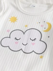 Baby Girl Round Neck Contrast Color Frill Trim Cloud & Star Print Ribbed Top With Ribbed Matching Print Pants Loungewear Set - Multicolor - View 5