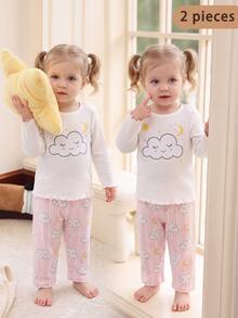 Baby Girl Round Neck Contrast Color Frill Trim Cloud & Star Print Ribbed Top With Ribbed Matching Print Pants Loungewear Set - Multicolor - View 6