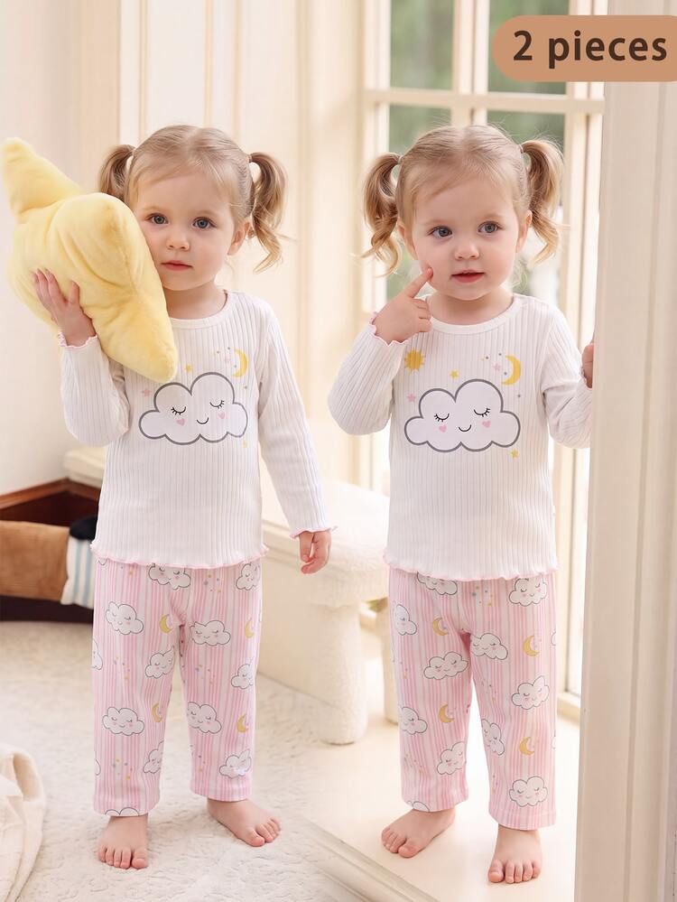 Baby Girl Round Neck Contrast Color Frill Trim Cloud & Star Print Ribbed Top With Ribbed Matching Print Pants Loungewear Set - Multicolor - View 6
